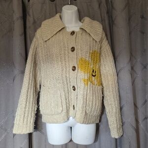 Anthropologie Pilcro Cream Happy Face Flower Graphic Chunky Cardigan Sweater S